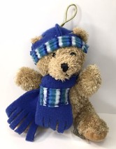 Vintage 5&quot; Plush Teddy Bear  Blue Scarf Hat Christmas Tree Ornament Hugfun Int&#39;l - £8.70 GBP