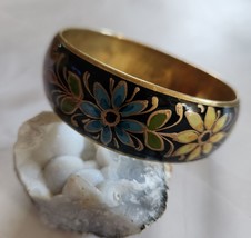 Vintage Black Cloisonné Chinese Enamel Etched Bangle Bracelet - £30.94 GBP