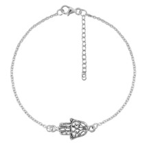 Symbolic Hamsa Hand Sideways Charm Sterling Silver Chain Bracelet - £14.20 GBP