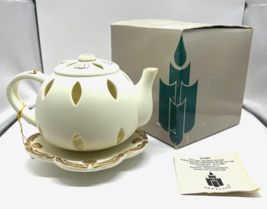Partylite P7301 Tea Time Teapot Tealight Candle Holder Cream Gold Bisque Ceramic - £19.97 GBP