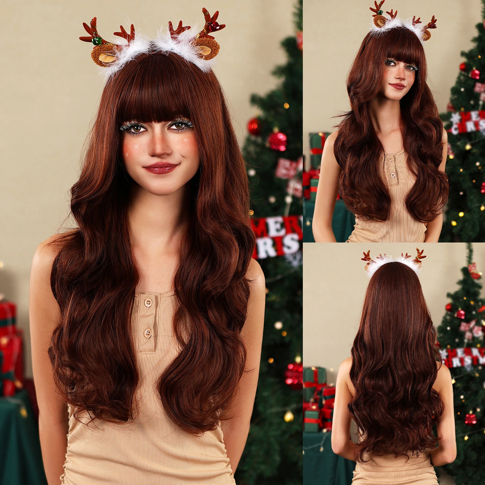 Red Brown Colorful Wigs for Women Body Wave Long Synthetic Hair with Ban - £46.43 GBP