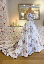 Pleated Ruched Strapless V Neck Floral Print A-Line Mother Of The Bride Gown - £937.26 GBP