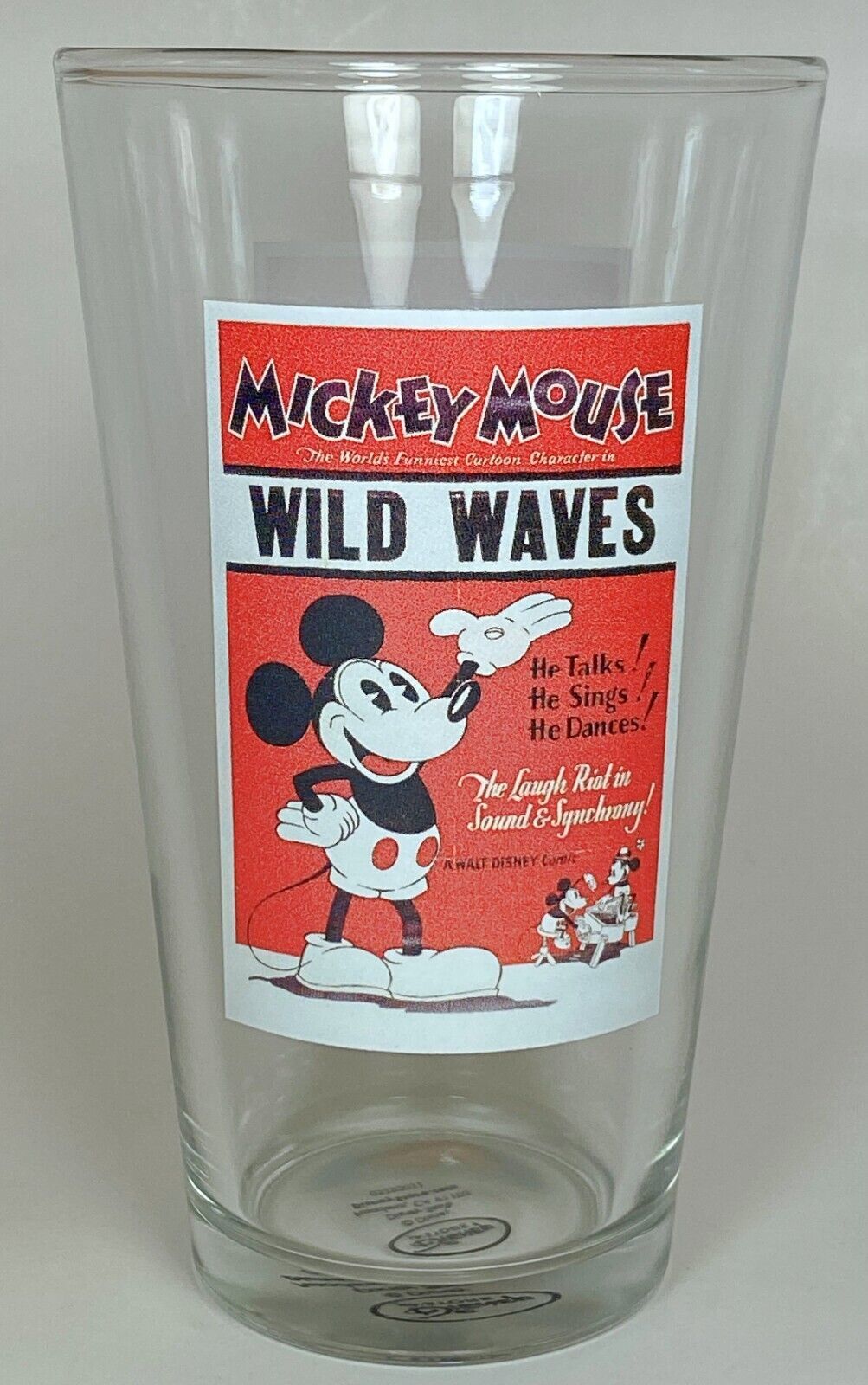 Disney Store 14oz Mickey Mouse Wild Waves Tall Clear Glass Vintage - $5.75