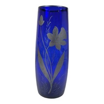 Vintage Cobalt Blue Czech Glass 8.5 Inch Vase Hand Painted Silver Flowers - £31.00 GBP