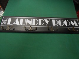 Great Wood Wall Plaque LAUNDRY ROOM with 4 Double Hooks for Hanging Clothes - £17.68 GBP