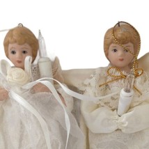 Vintage Satin Angel Christmas Ornaments Tree Toppers Holding Lace Cerami... - $24.74
