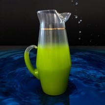 Blendo Lime Green Pitcher Frosted Glass Jug Gold Trim Mid Century Modern Barware - $49.49