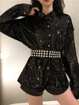 Girl Blingbling Shiny Black Paillette Shirt Women Embroidery Sequins Lapel Long  - £99.53 GBP