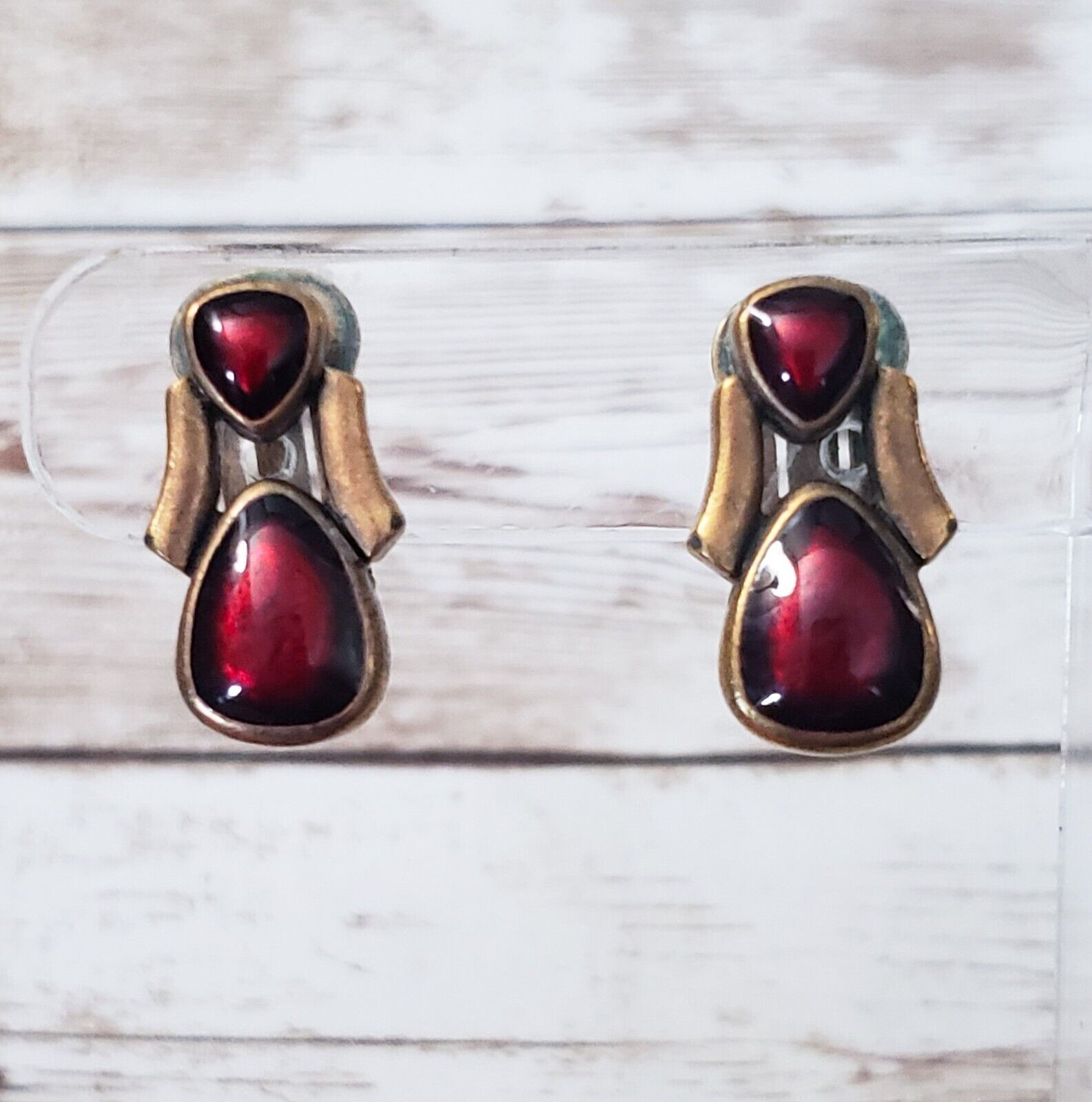 Chico's Clip On Earrings Red Gems - Some Tarnish - £6.37 GBP