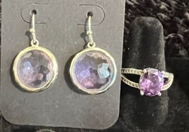 Sterling Silver Purple Stone Amethyst Jewelry Lot w. Earrings Ring 7 US - $29.02