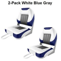 Boat Seats 2 Low Back White Blue &amp; Gray Premium UV Treated Marine Grade Vinyl - £124.48 GBP