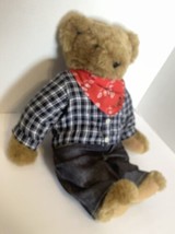 Vermont Teddy Bear Authentic Brown Plush Made in Vermont Jeans Plaid Shirt Scarf - £27.12 GBP