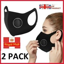 Pack of 2 Reusable Washable Breathable Valve Face Mask Black - UK STOCK - £7.82 GBP