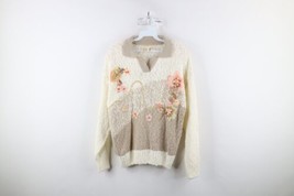 Vintage 90s Country Primitive Womens Large Textured Knit Flower Collared Sweater - £43.75 GBP