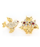 Flying Bird &amp; Flower Basket Clear Red Rhinestones Gold Tone Pin Tie Tack... - $285.40 MXN