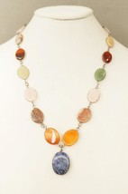 Vintage Gemstone Wire Wrapped Disc Beaded Necklace Sodalite Agate Quartz Jasper - £35.60 GBP