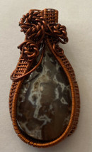 Necklace Pendant Snakeskin Agate   Stone  Brown Light Blue  wrapped Copper  Wire - £7.56 GBP