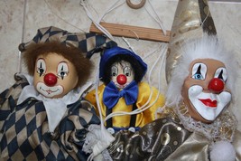Old Vintage Set of 3 Clown Marrionette Puppet with Strings and Wooden Swing Rare - £61.86 GBP
