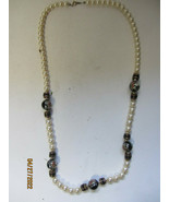 FAUX PEARL AND BEADS NECKLACE W/ BLACK FLORAL BEAD DESIGN 30&quot; LONG - £8.05 GBP