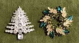 Christmas Tree &amp; Wreath Jeweled Brooches MINT - £22.74 GBP