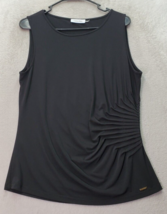 Calvin Klein Tank Top Women Petite Medium Black Polyester Ruched Round Neck Logo - £18.88 GBP