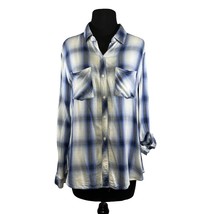 ANA Womens Size Medium Blue Plaid Button Up Shirt Roll Tab Sleeves - £10.27 GBP