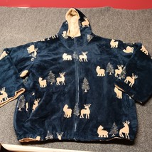 VTG St Johns Bay Hooded Fleece Coat Full Zip Men 2XL XXL Plush Soft Animal Print - £36.31 GBP
