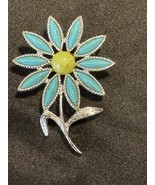 Vintage Style Turquoise Daisy Flower Brooch Yellow Center Silver Stem Pin - $23.25 CAD