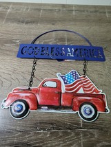 Patriotic Metal Red Pickup Truck W/ Usa Flag God Bless America Sign Wall Door - £11.63 GBP