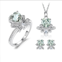 (New) 925 Sterling Silver 1.9CT Natural Green Amethyst Love Heart Bow Knot Set - £63.19 GBP+