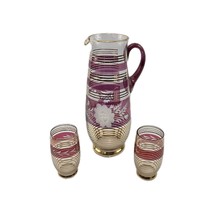 Vintage Czech Cranberry Pink and Gold Water Cut to Clear Pitcher Jug w Set - $76.13