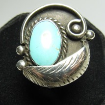 Vintage LAG Sterling Silver Feather Turquoise Cabochon Sz 8.5 Ring Zuni 9.8g - £47.36 GBP
