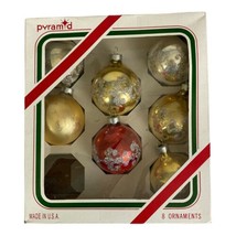VTG Pyramid Glass Balls Christmas Ornament Stenciled Glitter Box Set of 7 USA - £18.00 GBP