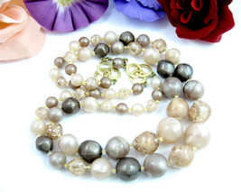 Neutral Beaded Necklace Vintage Crackle Beads Double Strand Taupe Tan Choker 16&quot; - £13.53 GBP