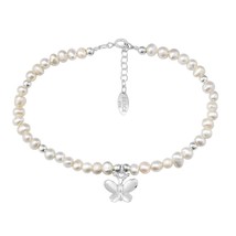 Charming Peace Butterfly Round Freshwater White Pearl Sterling Silver Bracelet - £14.35 GBP