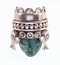 Green Calcite Aztec Mask Figure Brooch By Los Ballesteros Taxco Mexico - £202.85 GBP