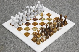 Handmade White &amp; Brown Marble Chess Board Classic Strategy Game Set, Mar... - £215.15 GBP
