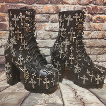 Goth, Emo, Punk Gothic Crosses Black Platform Boots Size 7 - £119.61 GBP