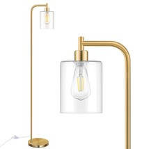 Industrial Floor Lamp With Hanging Glass Shade Brass Gold Farmhouse Indoor Pole  - £71.20 GBP