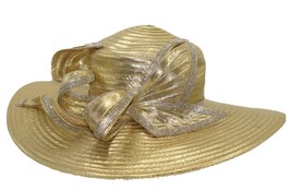 Gold Women Derby Hat Satin Ribbon Church Hat Kentucky Derby Hat Wide Brim - £69.29 GBP