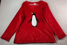 Charter Club Shirt Womens XL Red Penguin 100% Polyester Long Sleeve V Neck Slit - £12.07 GBP