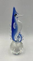 Art Glass Seahorse Paperweight Clear &amp; Cobalt Blue W/Bubbles - $18.39