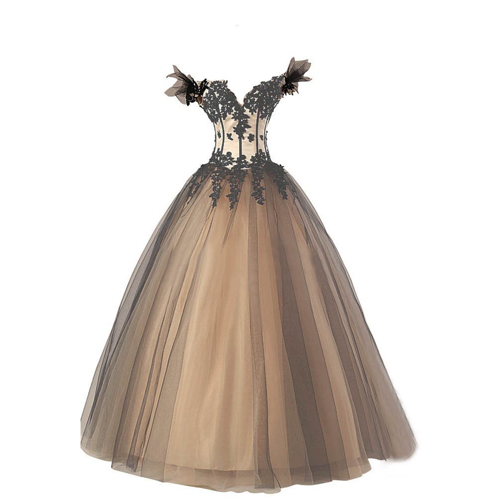 Kivary Women's Black and Champagne Long Off Shoulder V Neck Corset Tulle Prom We