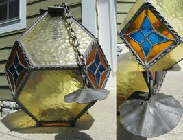 Antique Arts Crafts Large Mission Leaded Stained Glass Hanging Lamp Wrought Iron - £446.83 GBP