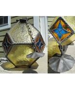 ANTIQUE Arts Crafts LARGE mission LEADED STAINED GLASS hanging lamp WROU... - $548.99