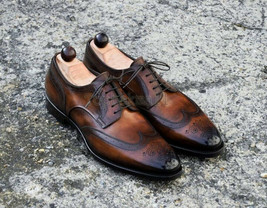 Handmade Men&#39;s Leather Oxfords Wingtip Coffee Brown Burnished Brogue Shoes-209 - £175.19 GBP
