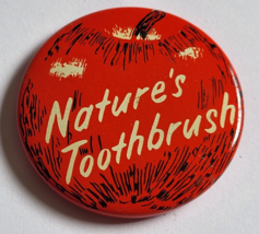 NATURE&#39;S TOOTHBRUSH APPLE THEMED METAL PINBACK BUTTON VINTAGE RETRO WEAR... - £19.97 GBP