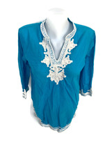 Chico&#39;s Women&#39;s Top Blouse Blue Half Sleeve White Trim Tunic Style Size ... - $13.96