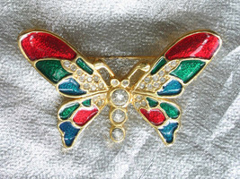 Crystal Rhinestone &amp; Enamel Gold-tone Butterfly Brooch 1980s vintage 2 1/2&quot; - £11.37 GBP