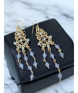 Vintage Beaded Chandelier Earrings Blue Crystal Drop Boho Chic Statement - $28.79